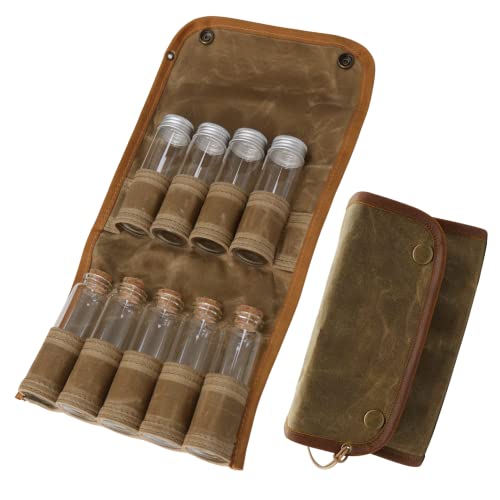 ULUZE Camping Spice Bag Kit with 9 Glass Spice Jars, Wax Canvas Storage Bag, Portable Travel Holder Hiking bushcraft Spice Kit and Oil Pouch Khaki